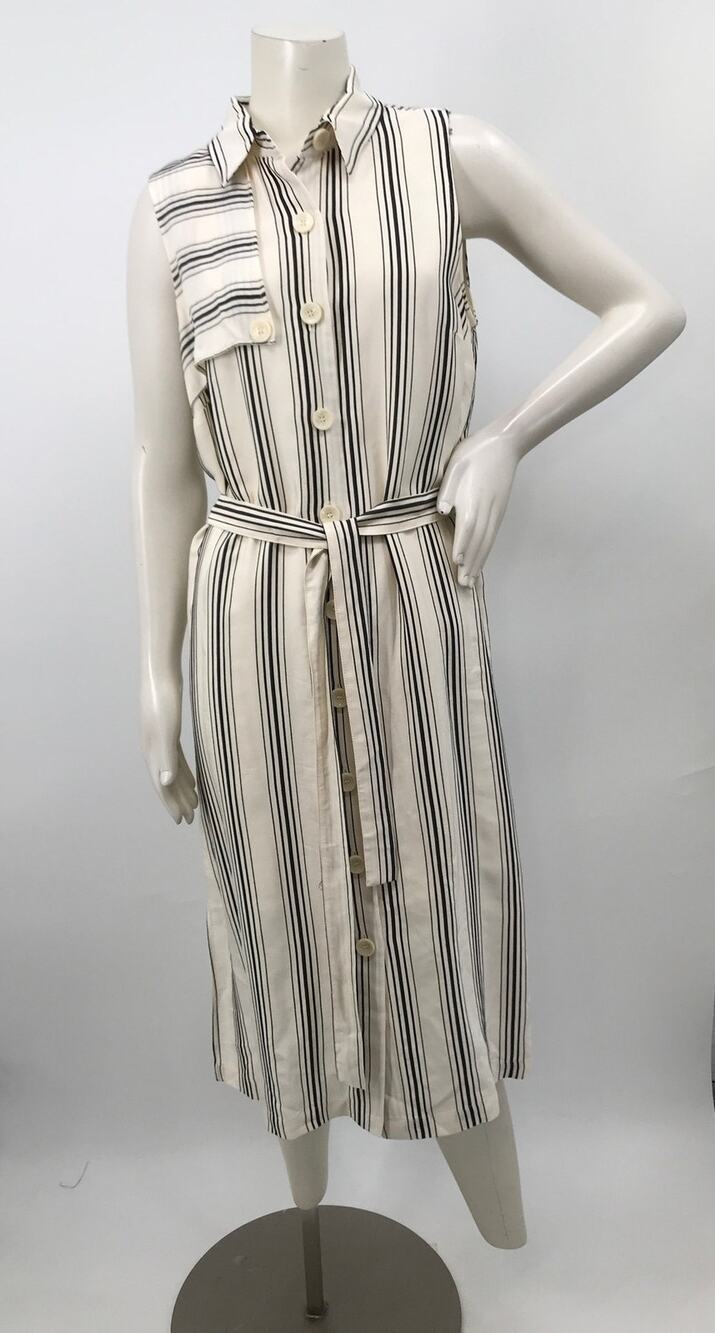 Maeve Anthropologie Sleeveless Belted Midi Shirt Dress 8 Ivory Black Striped